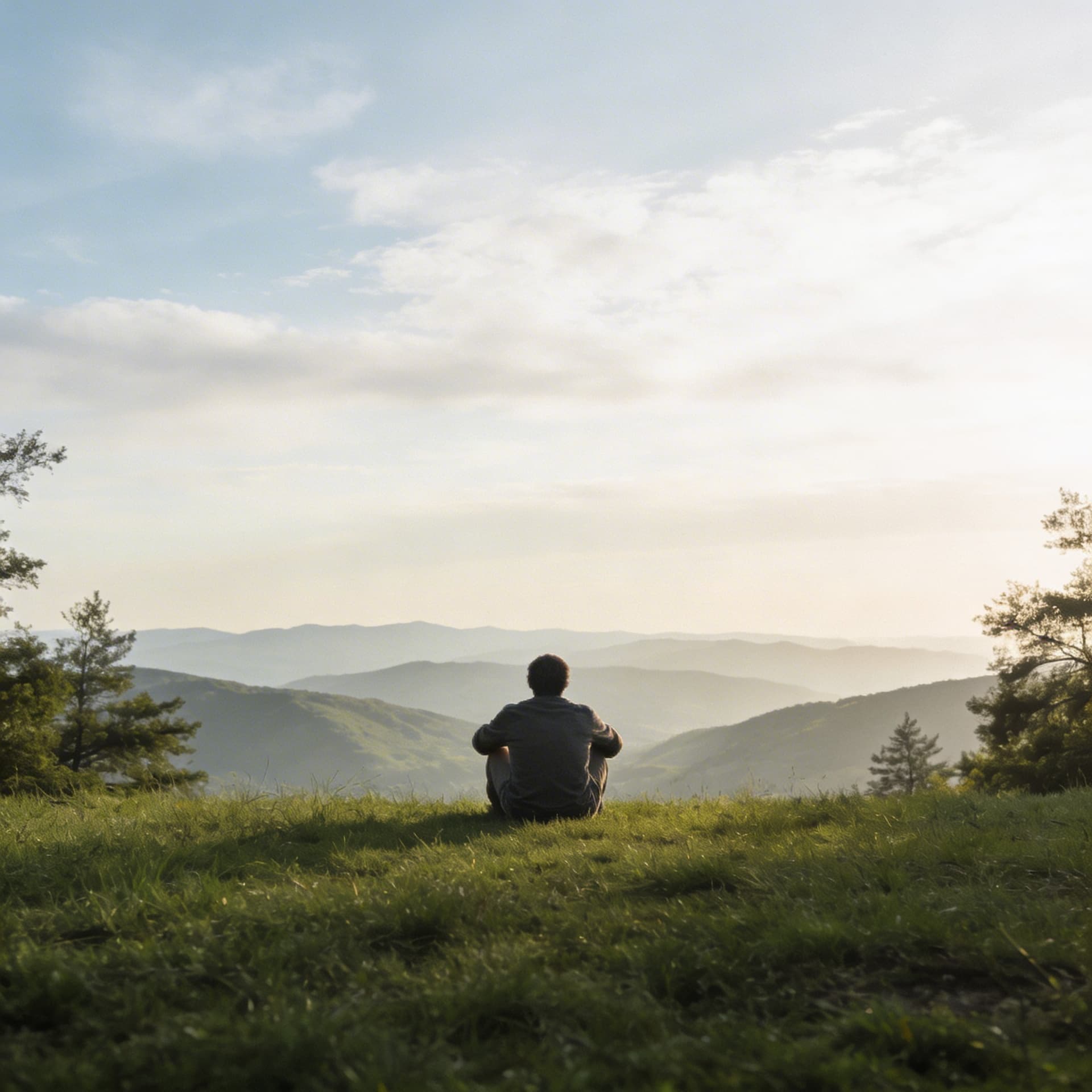 Pessoa sentada em paz contemplando a paisagem